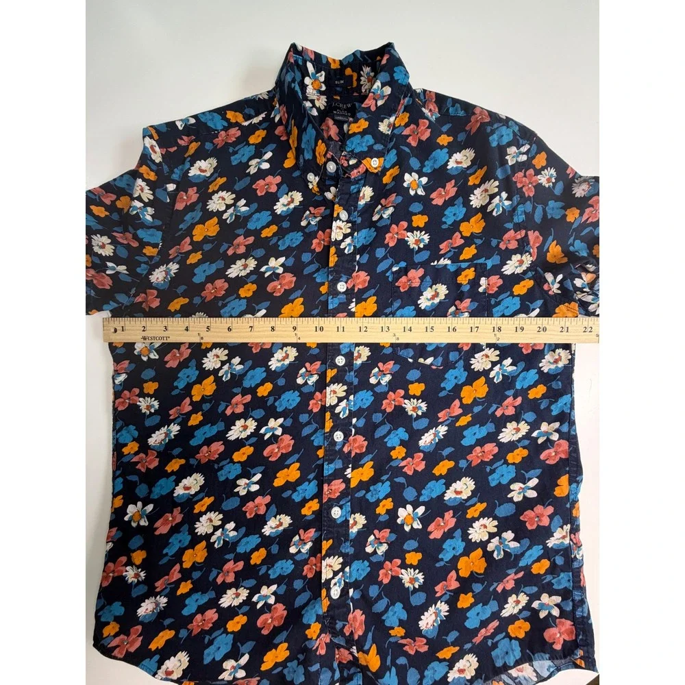 J.Crew Slim Flex Washed Floral Button Down Shirt Blue Mens Large Short Sleeve